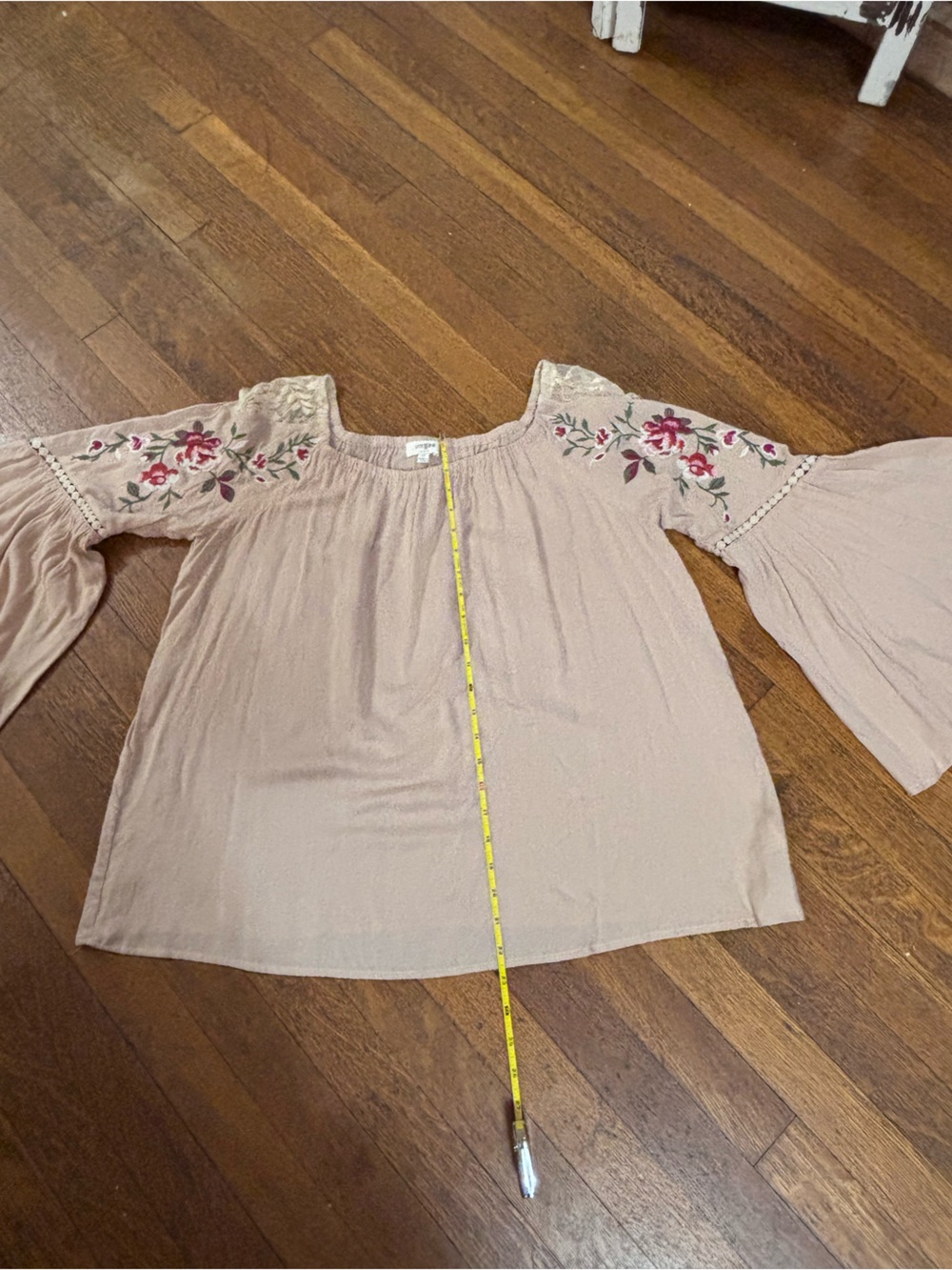 Umgee Beige Embroidered Bell-Sleeve Peasant Top Embroidered Flowers and Lace - Picture 7 of 12